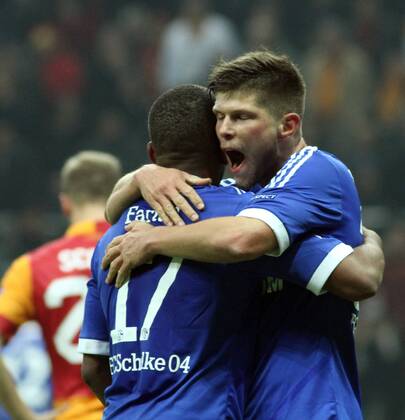 UEFA Champions League last sixteen first leg match between Galatasaray and Schalke 04 at Turk Telekom Arena Stadium in Istanbul on 20.02.2013 Pictured: Klaas-Jan Huntelaar and Jefferson Farfan of Schalke 04. 