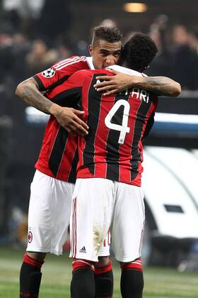 Kevin Prince Boateng and Sulley Ali Muntari Milan celebration Milano 20 02 2013 Stadio S.Siro Football Calcio UEFA Champions League 2012 13 AC Milan vs FC Barcelona PaoloxNucci