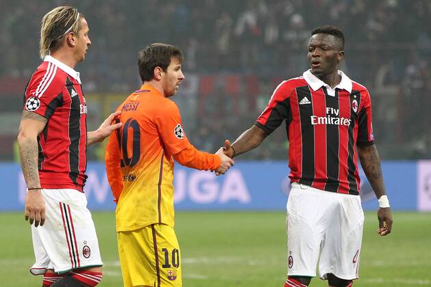 Lionel Messi Barcelona Sulley Ali Muntari Philippe Mexes Milan 20 02 2013 Stadio S.Siro Football Calcio UEFA Champions League 2012 13 AC Milan vs FC Barcelona PaoloxNucci