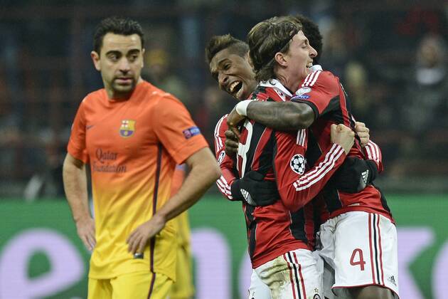 Milano 20 02 2013 - Champions League AC Milan - FC Barcelona -- Sulley Ali Muntari, Kevin Constant, Riccardo Montolivo 
