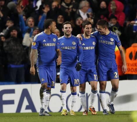 Chelsea s Eden Hazard celebrates scoring his sides opening goal..Chelsea v Sparta Prague - Europa League - Stamford Bridge Stadium, London- 21 02 13 - Picture David Klein Sportimage EDITORIAL USE ONLY. No use with unauthorised audio, video, data, fixture lists, club league logos or live services. Online in-match use limited to 120 images, no video emulation. No use in betting, games or single club league player publications.
