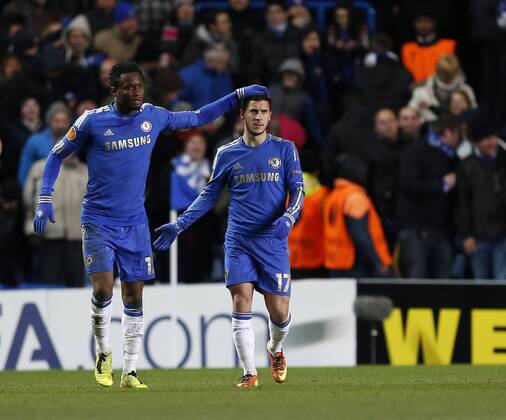 Chelsea s Eden Hazard celebrates scoring his sides opening goal..Chelsea v Sparta Prague - Europa League - Stamford Bridge Stadium, London- 21 02 13 - Picture David Klein Sportimage EDITORIAL USE ONLY. No use with unauthorised audio, video, data, fixture lists, club league logos or live services. Online in-match use limited to 120 images, no video emulation. No use in betting, games or single club league player publications.