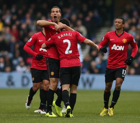 Football - 2012 2013 Premier League - Queens Park Rangers vs. Manchester United (ManU) Manchester United (ManU) s Rafael celebrates scoring with Manchester United (ManU) s Rio Ferdinand at Loftus Road, London