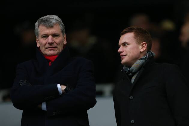 Football - 2012 2013 Premier League - Queens Park Rangers vs. Manchester United (ManU) David Gill, Chief Executive of Manchester United (ManU) (left) with his son, and ex-Manchester United (ManU) Academy player, Oliver, at Loftus Road, London