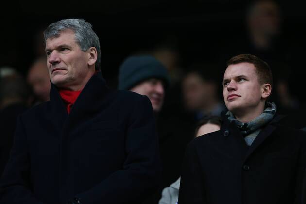 Football - 2012 2013 Premier League - Queens Park Rangers vs. Manchester United (ManU) David Gill, Chief Executive of Manchester United (ManU) (left) with his son, and ex-Manchester United (ManU) Academy player, Oliver, at Loftus Road, London