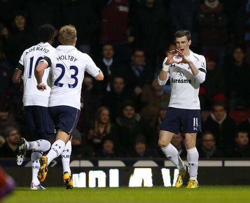 Tottenham s Gareth Bale celebrates scoring his sides opening goal..West Ham United v Tottenham Hotspur- Barclays Premier League - Upton Park, London- 25 02 13 - Picture David Klein Sportimage EDITORIAL USE ONLY. No use with unauthorised audio, video, data, fixture lists, club league logos or live services. Online in-match use limited to 120 images, no video emulation. No use in betting, games or single club league player publications.