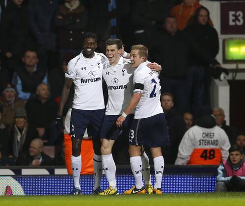 Tottenham s Gareth Bale celebrates scoring his sides opening goal..West Ham United v Tottenham Hotspur- Barclays Premier League - Upton Park, London- 25 02 13 - Picture David Klein Sportimage EDITORIAL USE ONLY. No use with unauthorised audio, video, data, fixture lists, club league logos or live services. Online in-match use limited to 120 images, no video emulation. No use in betting, games or single club league player publications.