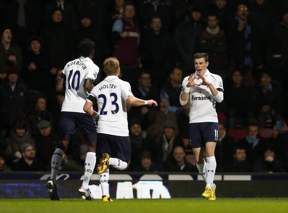 Tottenham s Gareth Bale celebrates scoring his sides opening goal..West Ham United v Tottenham Hotspur- Barclays Premier League - Upton Park, London- 25 02 13 - Picture David Klein Sportimage EDITORIAL USE ONLY. No use with unauthorised audio, video, data, fixture lists, club league logos or live services. Online in-match use limited to 120 images, no video emulation. No use in betting, games or single club league player publications.
