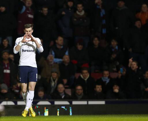 Tottenham s Gareth Bale celebrates scoring his sides opening goal..West Ham United v Tottenham Hotspur- Barclays Premier League - Upton Park, London- 25 02 13 - Picture David Klein Sportimage EDITORIAL USE ONLY. No use with unauthorised audio, video, data, fixture lists, club league logos or live services. Online in-match use limited to 120 images, no video emulation. No use in betting, games or single club league player publications.