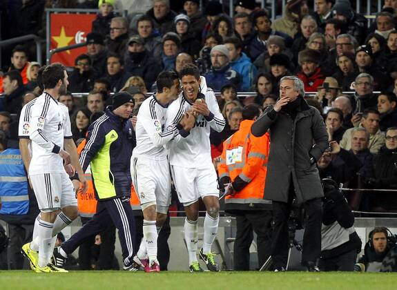 Copa del Rey. FC Barcelona vs Real Madrid. Cristiano Ronaldo, Raphael Varane, Jose Mourinho, Madrid celebrate 3-0.