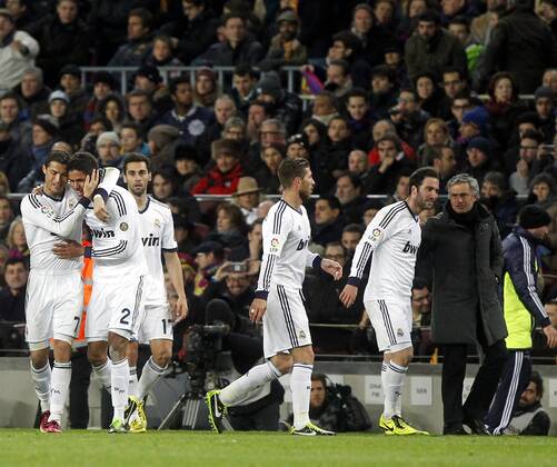 Copa del Rey. FC Barcelona vs Real Madrid. (L_R) Cristiano Ronaldo, Raphael Varane, Alvaro Arbeloa, Sergio Ramos, Gonzalo Higuain, Jose Mourinho Celebrate 3-0.