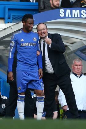 Football - 2012 2013 Premier League - Chelsea FC London vs. West Bromwich Albion - Chelsea Manager Rafa Benitez gives instructions to substitute, Mikel of Chelsea at Stamford Bridge, London