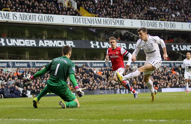 Tottenham s Gareth Bale celebrates scoring his sides opening goal..Tottenham Hotspur v Arsenal- Barclays Premier League - White Hart Lane, London- 3 03 13 - Picture David Klein Sportimage EDITORIAL USE ONLY. No use with unauthorised audio, video, data, fixture lists, club league logos or live services. Online in-match use limited to 120 images, no video emulation. No use in betting, games or single club league player publications.