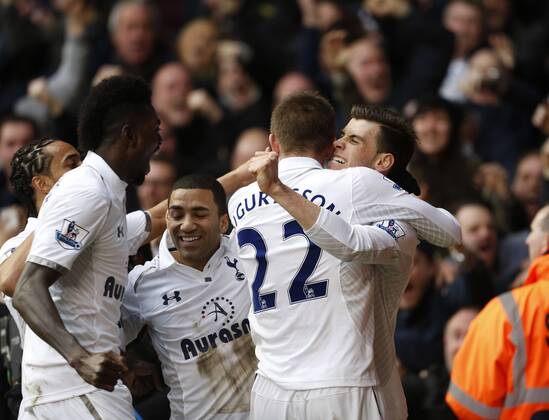 Tottenham s Gareth Bale celebrates scoring his sides opening goal..Tottenham Hotspur v Arsenal- Barclays Premier League - White Hart Lane, London- 3 03 13 - Picture David Klein Sportimage EDITORIAL USE ONLY. No use with unauthorised audio, video, data, fixture lists, club league logos or live services. Online in-match use limited to 120 images, no video emulation. No use in betting, games or single club league player publications.