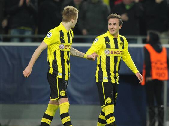05-03-2013, Fussball, Saison 2012-2013, UEFA Champions League, Achtelfinale, Rückspiel, Borussia Dortmund - Schachtar Donezk, Jubel Mario Götze (Borussia Dortmund), re., und Marco Reus (Borussia Dortmund)