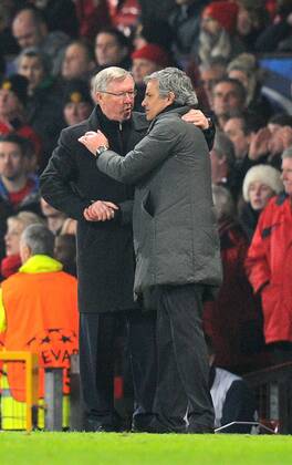 Jose Mourinho manager of Real Madrid shakes the hand of Sir Alex Ferguson manager of Manchester United and leaves the pitch minutes before the end - UEFA CHAMPIONS LEAGUE - ROUND OF 16 - Manchester Utd vs Real Madrid - Old Trafford Stadium - Manchester - 05 03 13 - Picture Simon Bellis Sportimage- EDITORIAL USE ONLY. No use with unauthorised audio, video, data, fixture lists, club league logos or live services. Online in-match use limited to 120 images, no video emulation. No use in betting, games or single club league player publications.