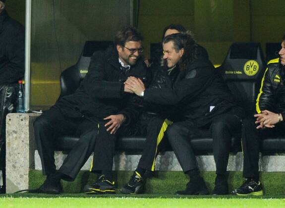 05-03-2013, Fussball, Saison 2012-2013, UEFA Champions League, Achtelfinale, Rückspiel, Borussia Dortmund - Schachtar Donezk 3-0, v.li., Trainer Jürgen Klopp (Borussia Dortmund), Co-Trainer Zeljko Buvac (Borussia Dortmund) und Manager Michael Zorc (Borussia Dortmund)