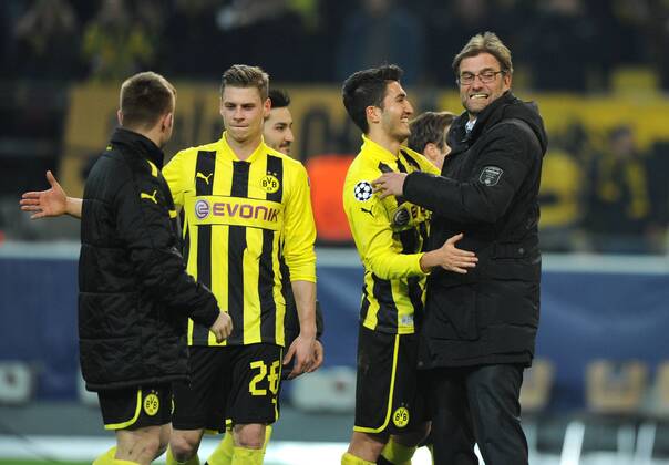 05-03-2013, Fussball, Saison 2012-2013, UEFA Champions League, Achtelfinale, Rückspiel, Borussia Dortmund - Schachtar Donezk 3-0, v.re., Trainer Jürgen Klopp (Borussia Dortmund), Nuri Sahin (Borussia Dortmund), Ilkay Gündogan (Borussia Dortmund), Lukasz Piszczek (Borussia Dortmund) und Jakub Kuba Blaszczykowski (Borussia Dortmund)