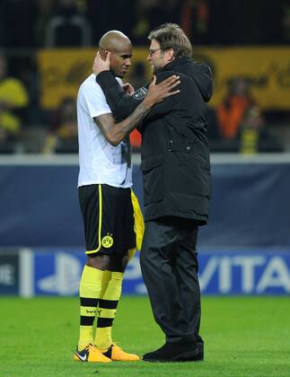 05-03-2013, Fussball, Saison 2012-2013, UEFA Champions League, Achtelfinale, Rückspiel, Borussia Dortmund - Schachtar Donezk 3-0, Trainer Jürgen Klopp (Borussia Dortmund), re., und Felipe Santana (Borussia Dortmund)
