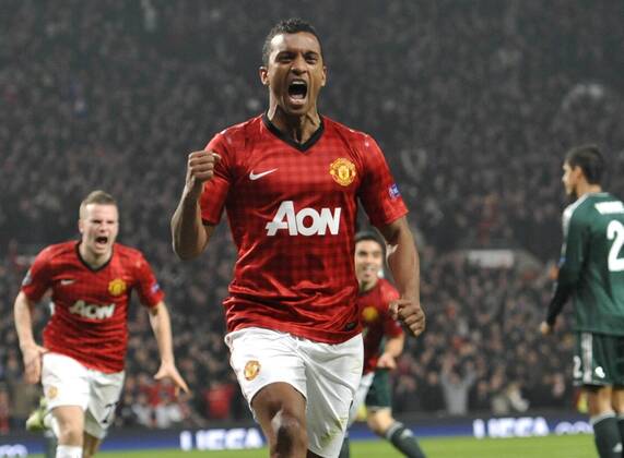 Nani celebrating his goal ( 1-0) minutes before been sent off - Old Trafford Stadium - Manchester - UK - 05 03 2013 - Manchester United - Real Madrid - UEFA Champions League 2012 2013 - Round of 16 - Second Leg Match. 