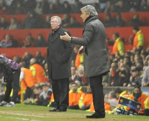 Jose Mourinho and Sir Alex Ferguson, coaches and manager of the two teams - Old Trafford Stadium - Manchester - UK - 05 03 2013 - Manchester United - Real Madrid - UEFA Champions League 2012 2013 - Round of 16 - Second Leg Match. 