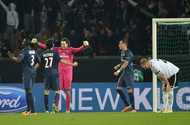 Salvatore Sirigu (psg) - Javier Pastore (psg) - joie FOOTBALL : Paris SG vs Valence - Ligue des champions - 06 03 2013 AnthonyBIBARD FEP Panoramic 