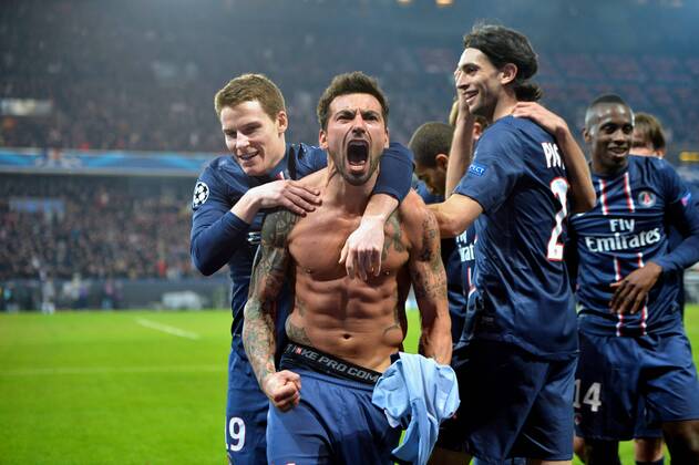 Ezequiel Lavezzi (psg) - Kevin Gameiro (psg) - joie - Paris St. Germain vs Valencia FC - 06 03 2013 AnthonyBIBARD FEP Panoramic 