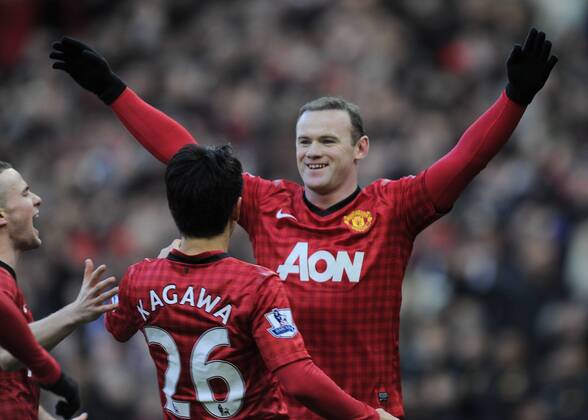 Wayne Rooney of Manchester United celebrates scoring - FA Cup quarter-final - Manchester Utd vs Chelsea - Old Trafford Stadium - 10th March 2013 - Pic Simon Bellis Sportimage EDITORIAL USE ONLY. No use with unauthorised audio, video, data, fixture lists, club league logos or live services. Online in-match use limited to 120 images, no video emulation. No use in betting, games or single club league player publications.