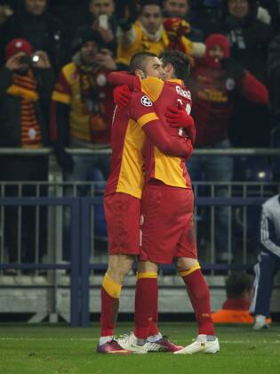 (L-R) Baruk Yilmaz of Galatasaray, Albert Riera of Galatasaray during the UEFA Champions League match between Schalke 04 and Galatasaray on March 12, 2013 at the Veltins-Arena at Gelsenkirchen, Germany. FC Schalke 04 v Galatasaray SK Istanbul Champions League 2012 2013 xVIxMAURICExVANxSTEENxIVx 1442652