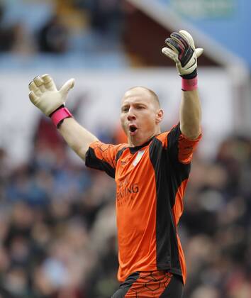 Aston Villa goalkeeper Brad Guzan celebrates his side s first goal of the game - Aston Villa vs Liverpool - Barclays Premiership - Villa Park Birmingham - Season 12 13 - 31 3 13.Photograph Malcolm Couzens Sportimage EDITORIAL USE ONLY. No use with unauthorised audio, video, data, fixture lists, club league logos or live services. Online in-match use limited to 120 images, no video emulation. No use in betting, games or single club league player publications.
