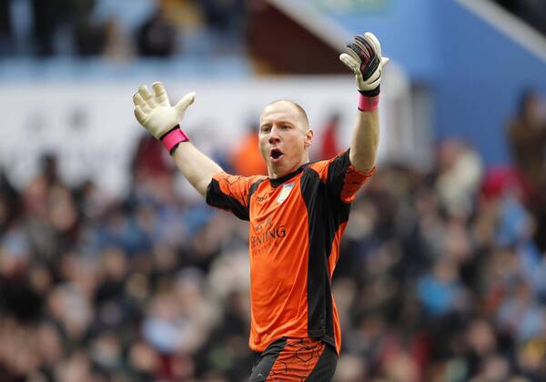 Aston Villa goalkeeper Brad Guzan celebrates his side s first goal of the game - Aston Villa vs Liverpool - Barclays Premiership - Villa Park Birmingham - Season 12 13 - 31 3 13.Photograph Malcolm Couzens Sportimage EDITORIAL USE ONLY. No use with unauthorised audio, video, data, fixture lists, club league logos or live services. Online in-match use limited to 120 images, no video emulation. No use in betting, games or single club league player publications.