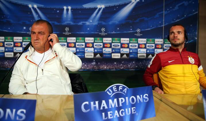 Head coach Fatih Terim of Galatasaray and Wesley Sneijder attends a press conference ahead of their UEFA Champions League quarter-final first leg match against Real Madrid on April 2, 2013 in Madrid, Spain. 