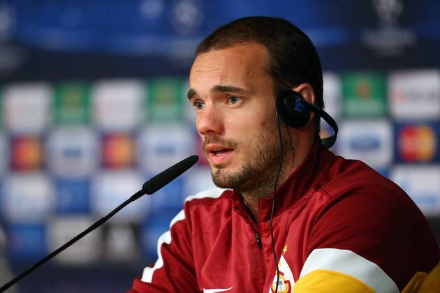 Wesley Sneijder of Galatasaray player attends a press conference ahead of their UEFA Champions League quarter-final first leg match against Real Madrid on April 2, 2013 in Madrid, Spain. 