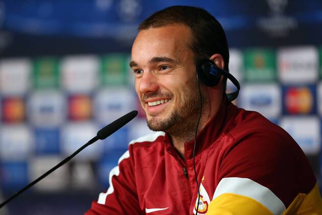 Wesley Sneijder of Galatasaray player attends a press conference ahead of their UEFA Champions League quarter-final first leg match against Real Madrid on April 2, 2013 in Madrid, Spain. 