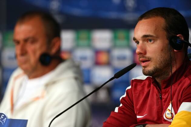 Wesley Sneijder of Galatasaray player attends a press conference ahead of their UEFA Champions League quarter-final first leg match against Real Madrid on April 2, 2013 in Madrid, Spain. 