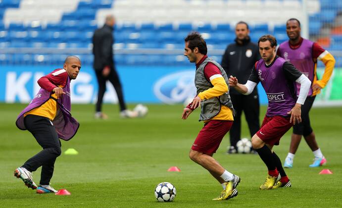 Galatasaray was having the last training before the Real Madrid match that they will play tomorrow in Madrid, Spain. 02.04.2013 Pictured: Felipe Melo (L) and Hamit Altintop (C) and Johan Elmander (R) 