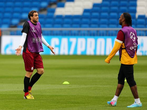 Galatasaray was having the last training before the Real Madrid match that they will play tomorrow in Madrid, Spain. 02.04.2013 Pictured: Johan Elmander (L) and Didier Drogba 