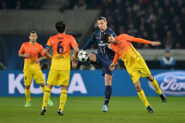 Zlatan Ibrahimovic (psg) - Sergio Busquets (bar) FOOTBALL: Paris Saint Germain (PSG) - FC Barcelona. Champions League - 02 04 2013 xAnthonyxBIBARDxFEPx 