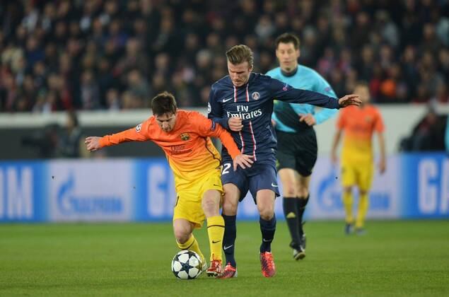 Lionel Messi (bar) - David Beckham (psg) FOOTBALL: Paris Saint Germain (PSG) - FC Barcelona. Champions League - 02 04 2013 xAnthonyxBIBARDxFEPx 