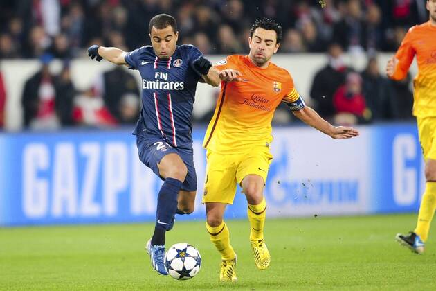 Lucas (Paris) - Xavi Hernandez (Barca) FOOTBALL: Paris St Germain, PSG - FC Barcelona.Champions League - 02 04 2013 xJBAutissierx 