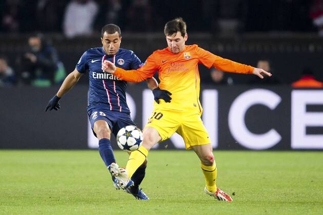 Lucas (Paris) - Lionel Messi (Barca) FOOTBALL: Paris St Germain, PSG - FC Barcelona.Champions League - 02 04 2013 xJBAutissierx 
