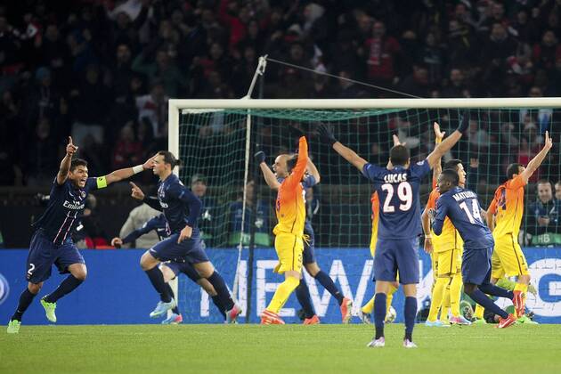 joie de Zlatan Ibrahimovic (Paris) apres son but FOOTBALL : PSG vs FC Barcelone - Quart de Finale Aller champions league - 02 04 2013 JBAutissier Panoramic 