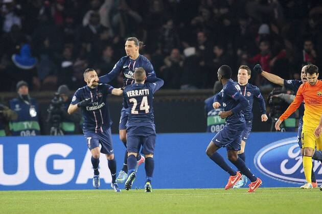 joie de Zlatan Ibrahimovic (Paris) apres son but FOOTBALL : PSG vs FC Barcelone - Quart de Finale Aller champions league - 02 04 2013 JBAutissier Panoramic 