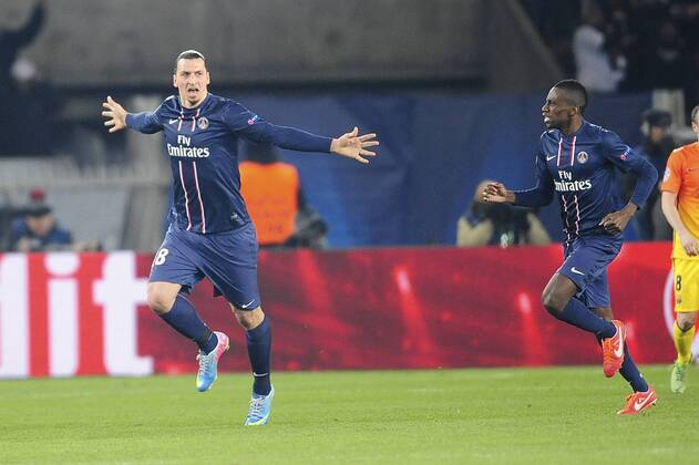 joie de Zlatan Ibrahimovic (Paris) apres son but FOOTBALL : PSG vs FC Barcelone - Quart de Finale Aller champions league - 02 04 2013 JBAutissier Panoramic 