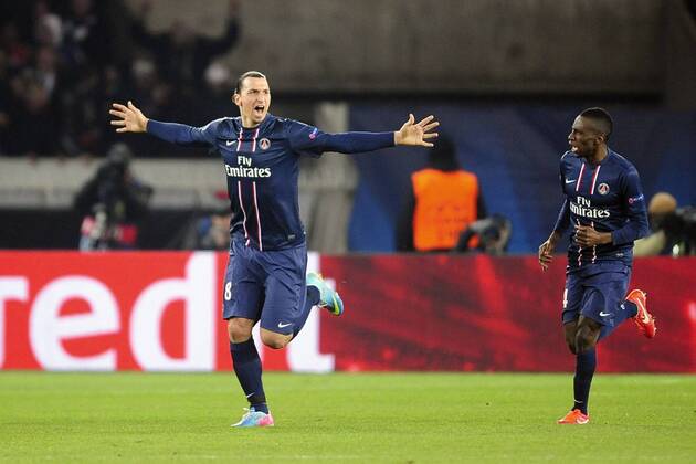 joie de Zlatan Ibrahimovic (Paris) apres son but FOOTBALL : PSG vs FC Barcelone - Quart de Finale Aller champions league - 02 04 2013 JBAutissier Panoramic 