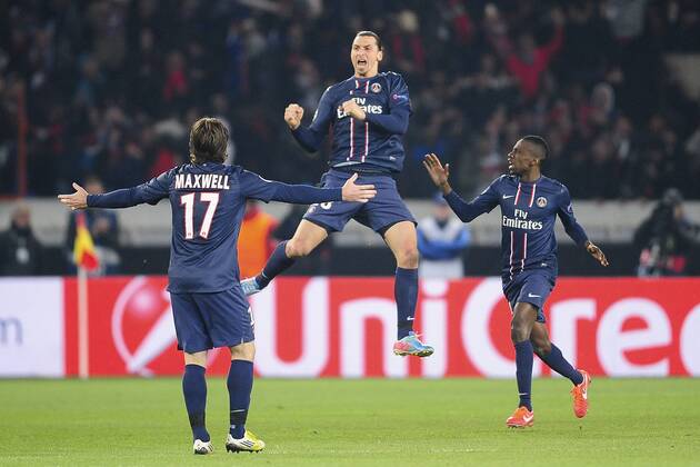 joie de Zlatan Ibrahimovic (Paris) apres son but FOOTBALL : PSG vs FC Barcelone - Quart de Finale Aller champions league - 02 04 2013 JBAutissier Panoramic 