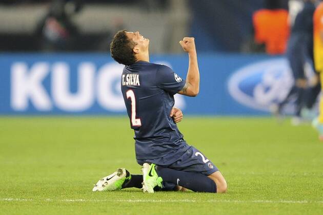 joie de Thiago Silva (Paris) apres le but de Blaise Matuidi FOOTBALL : PSG vs FC Barcelone - Quart de Finale Aller champions league - 02 04 2013 JBAutissier Panoramic 