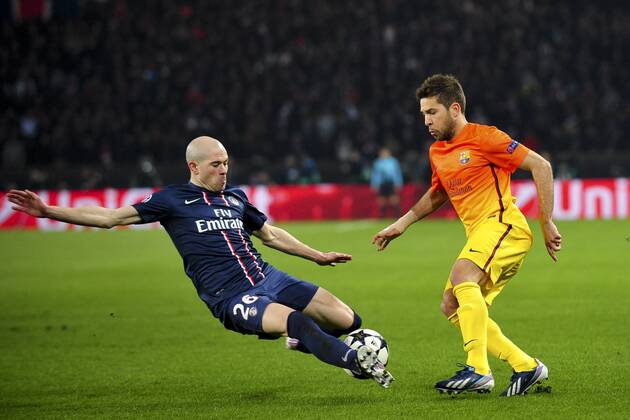 Christophe Jallet (Paris) vs Jordi Alba (Barca) FOOTBALL : PSG vs FC Barcelone - Quart de Finale Aller champions league - 02 04 2013 JBAutissier Panoramic 