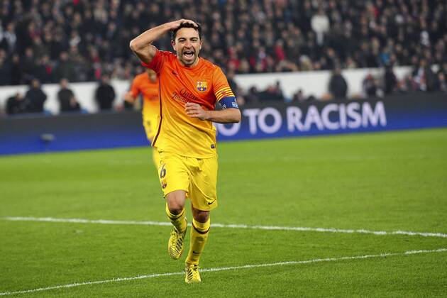 joie de Xavi Hernandez (Barca) - but penalty FOOTBALL : PSG vs FC Barcelone - Quart de Finale Aller champions league - 02 04 2013 JBAutissier Panoramic 