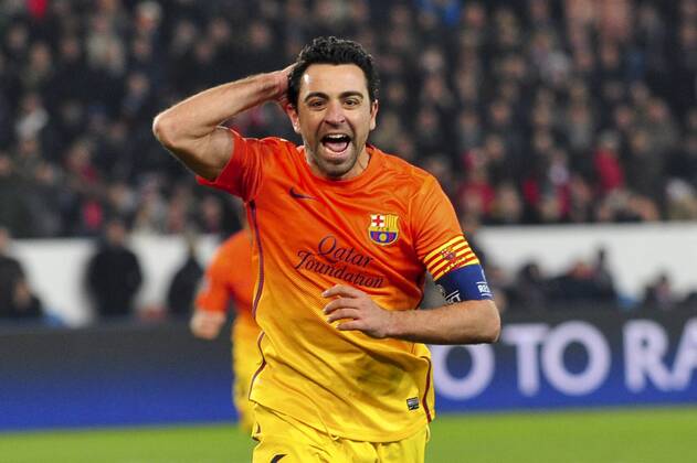 joie de Xavi Hernandez (Barca) - but penalty FOOTBALL : PSG vs FC Barcelone - Quart de Finale Aller champions league - 02 04 2013 JBAutissier Panoramic 